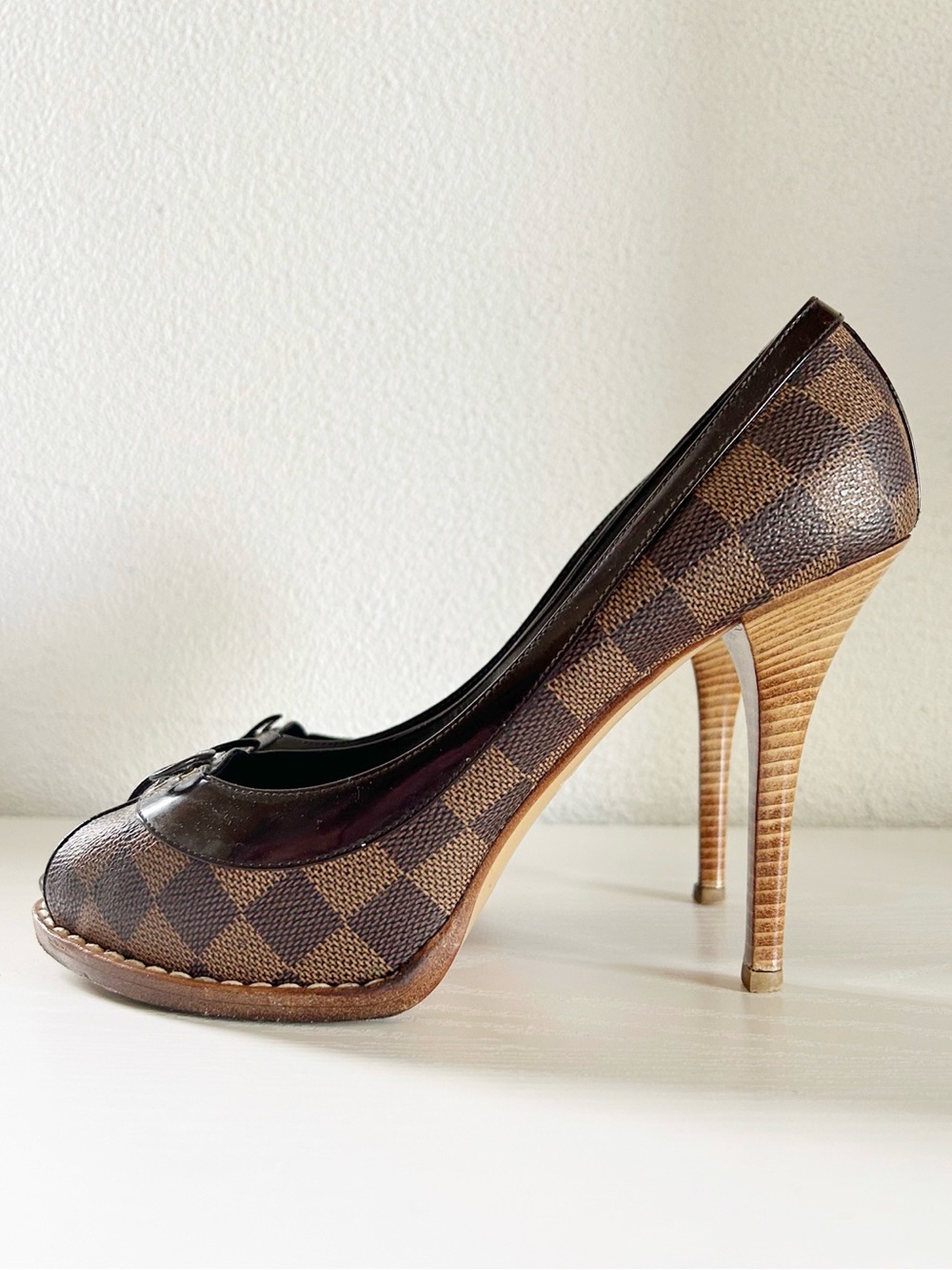 Louis Vuitton Damier Ebene Canvas Leather Peep Toe Heels Size EU 39
